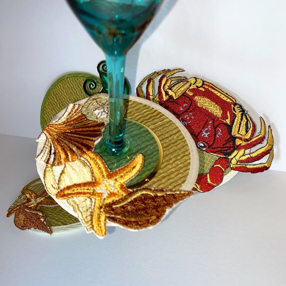 4 Beach Theme Coasters Glass Markers Embroidery Shells Grapes Crab Patio Decor - Picture 6 of 6